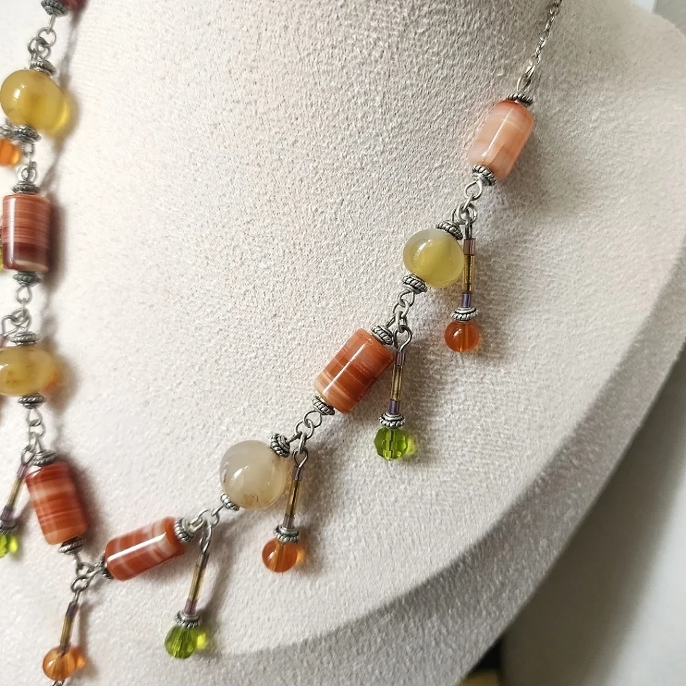 Silver with Natural Stone Necklace with Matching Earrings Set